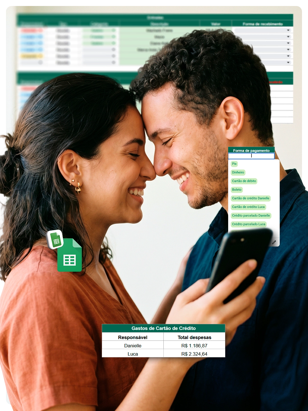 Mockup da planilha Financeiro do Casal no computador e no celular
