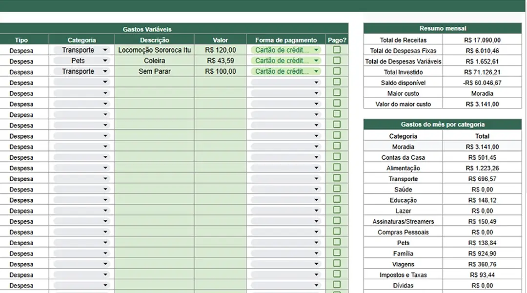 Print da planilha, tela 6